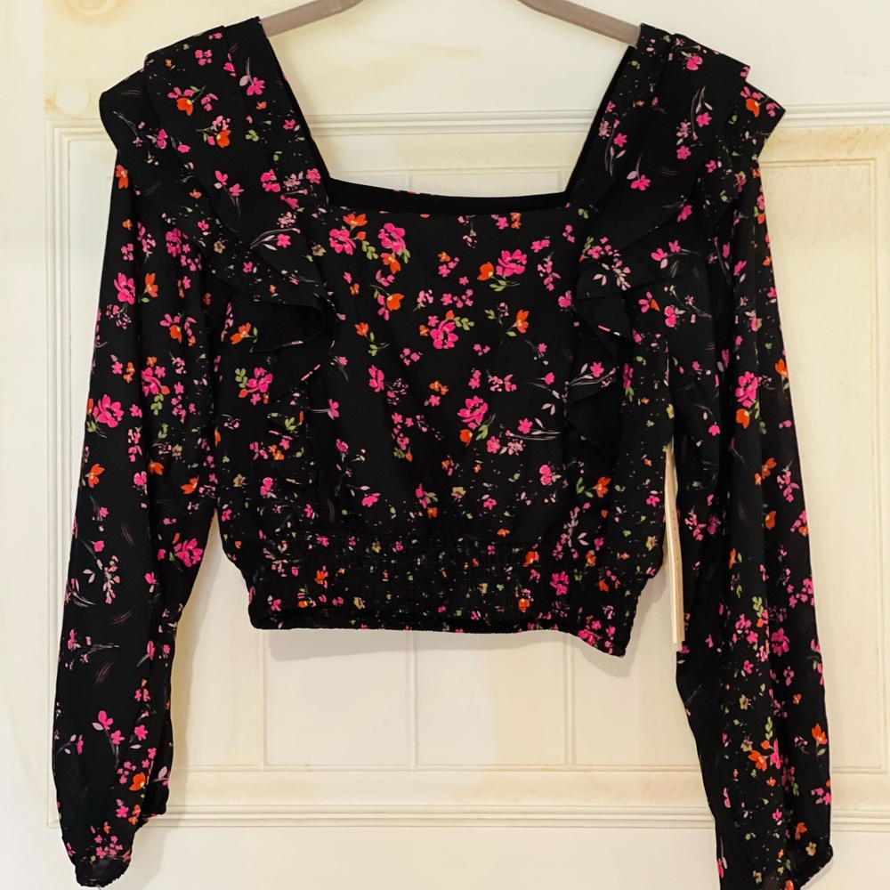 Bloomingdale's Black Floral Blouse with Ruffles